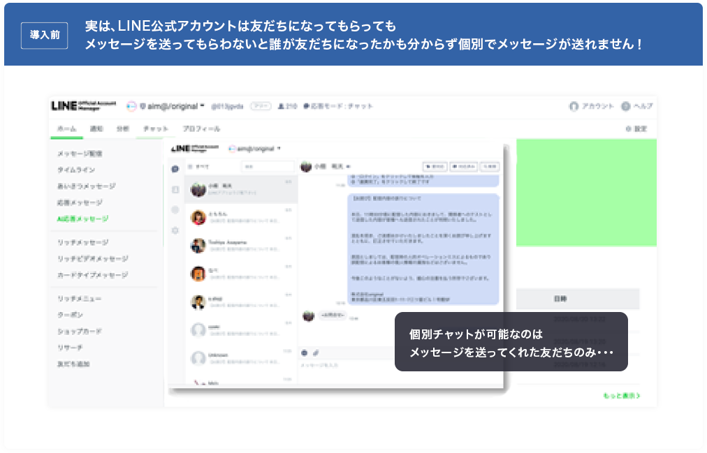 導入前 実は、LINE公式アカウントは友だちになってもらってもメッセージを送ってもらわないと誰が友だちになったかも分からず個別でメッセージが送れません！ 個別チャットが可能なのはメッセージを送ってくれた友だちのみ・・・
